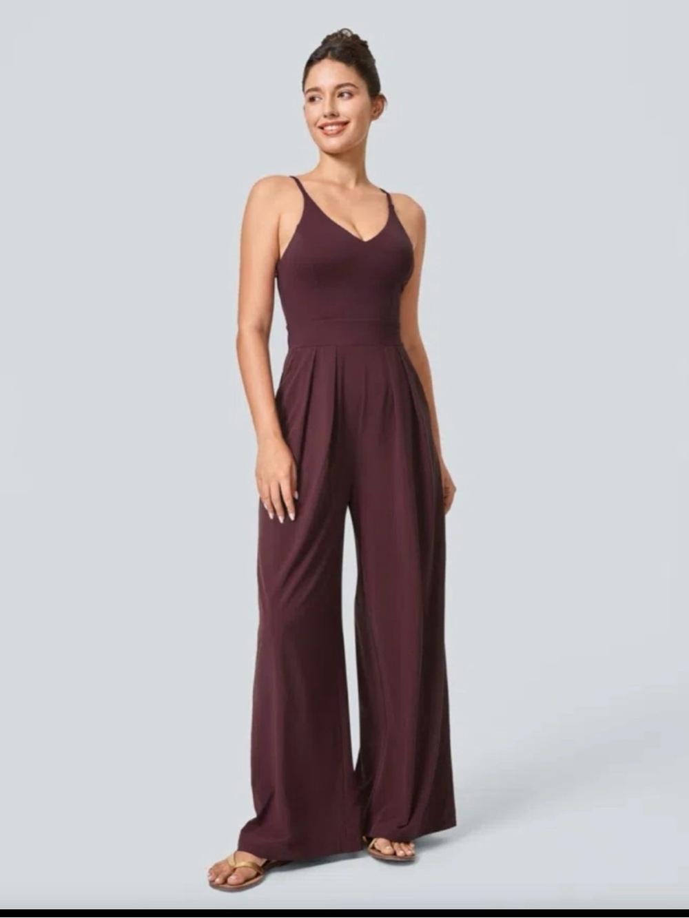 Halara Wide-Leg V-Neck Jumpsuit in Deep Plum